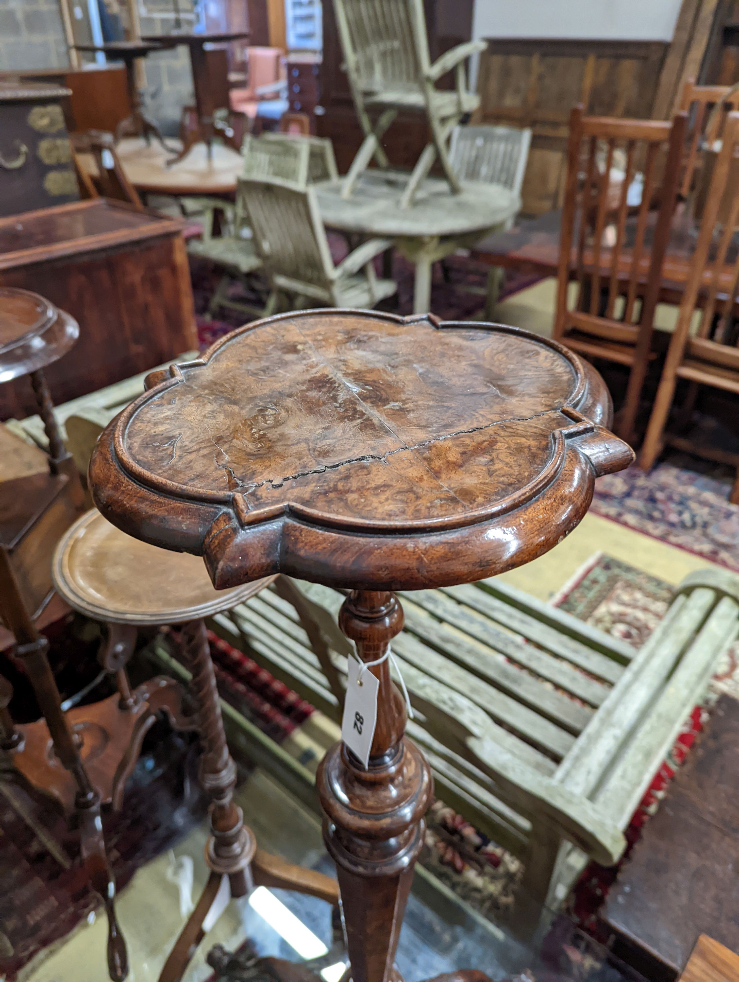 A George I style yew and walnut tripod candlestand, height 97cm, together with one other and a reproduction wash stand